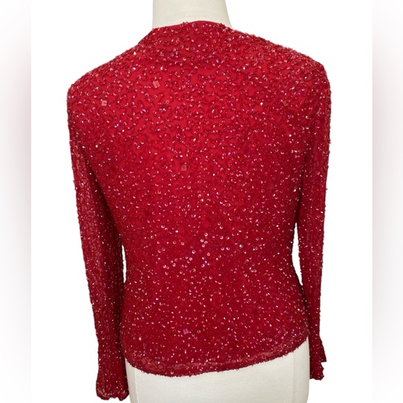 Vtg Marina Red Beaded Silk Bell Sleeve Cowl Neck Formal blouse - Picture 4 of 6